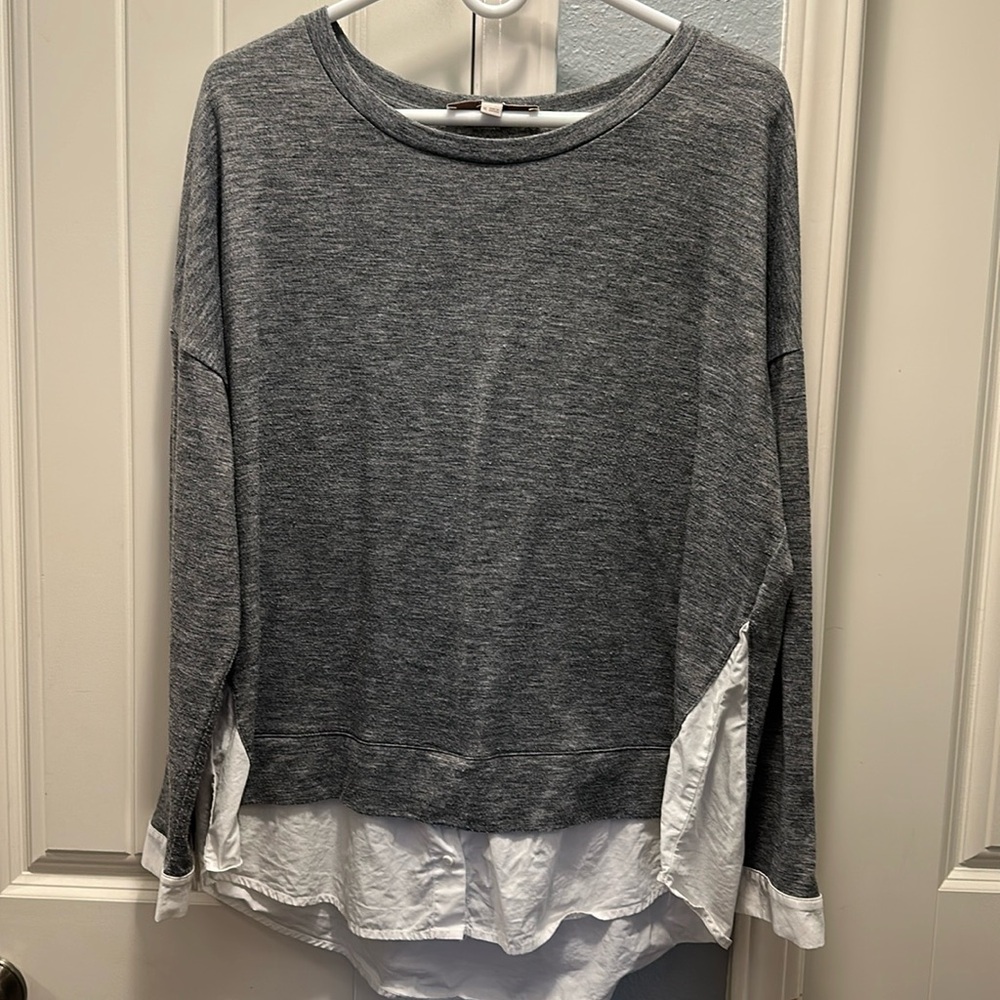Loft long sleeve grey shirt with faux white button down along bottom and sleeves